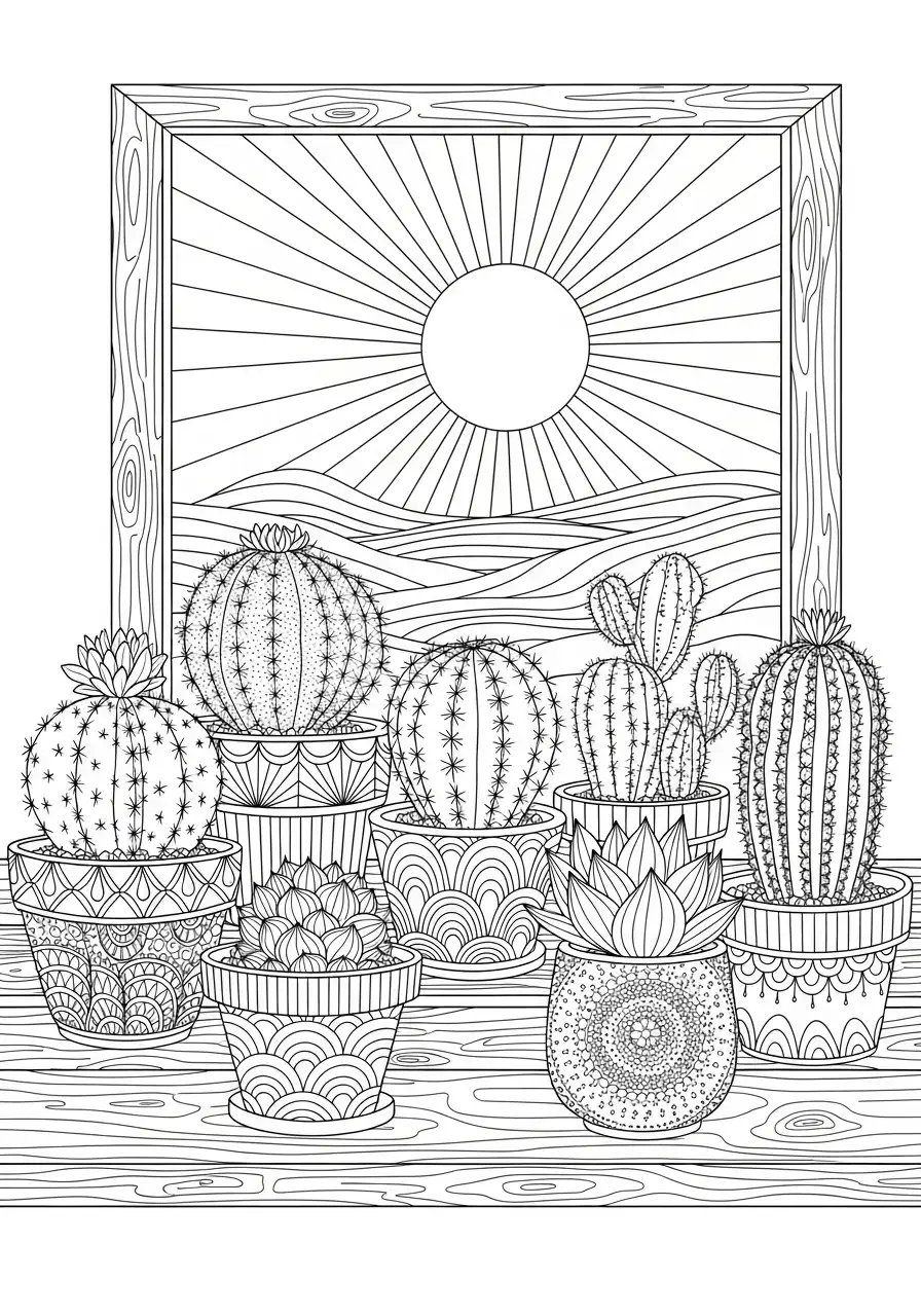 verzameling cactussen in potten kleurplaat