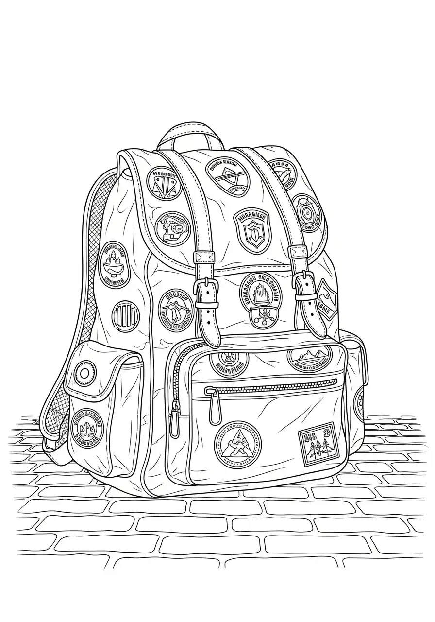 vintage rugzak vol patches kleurplaat