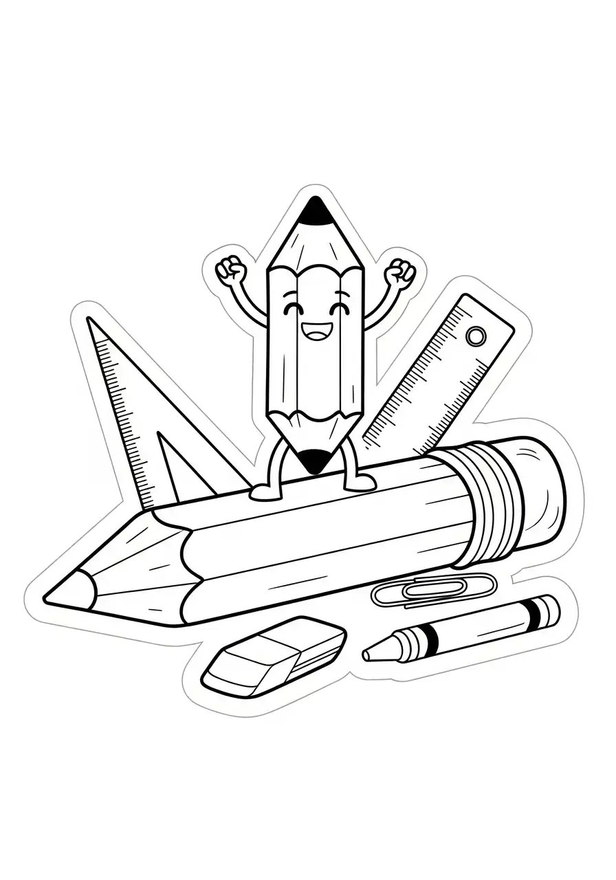 Kleurplaat Sticker 35 vrolijk potlood schoolspullen kleurplaat