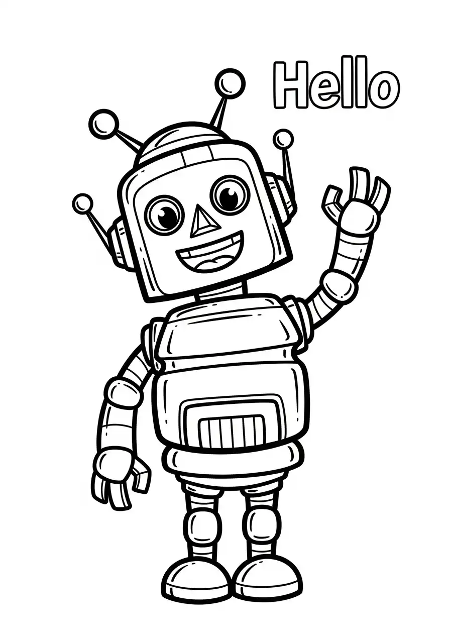 vrolijke robot hallo kleurplaat