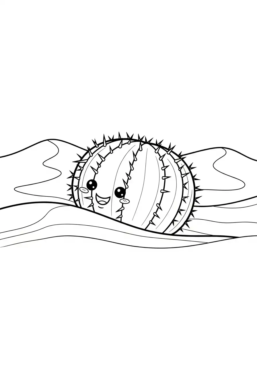 vrolijke ronde cactus in woestijn kleurplaat
