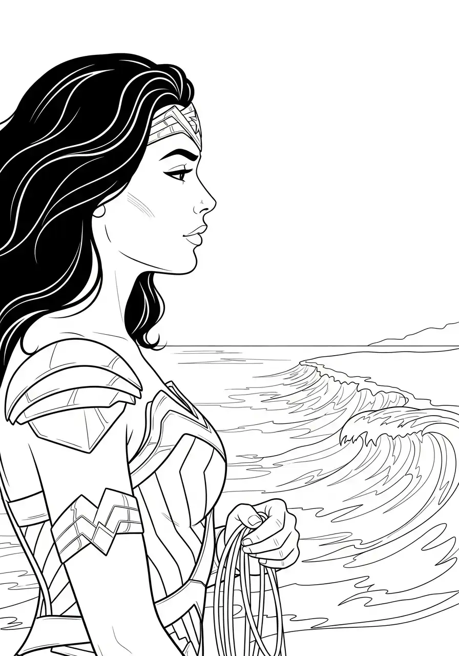 wonder woman bij de oceaan kleurplaat