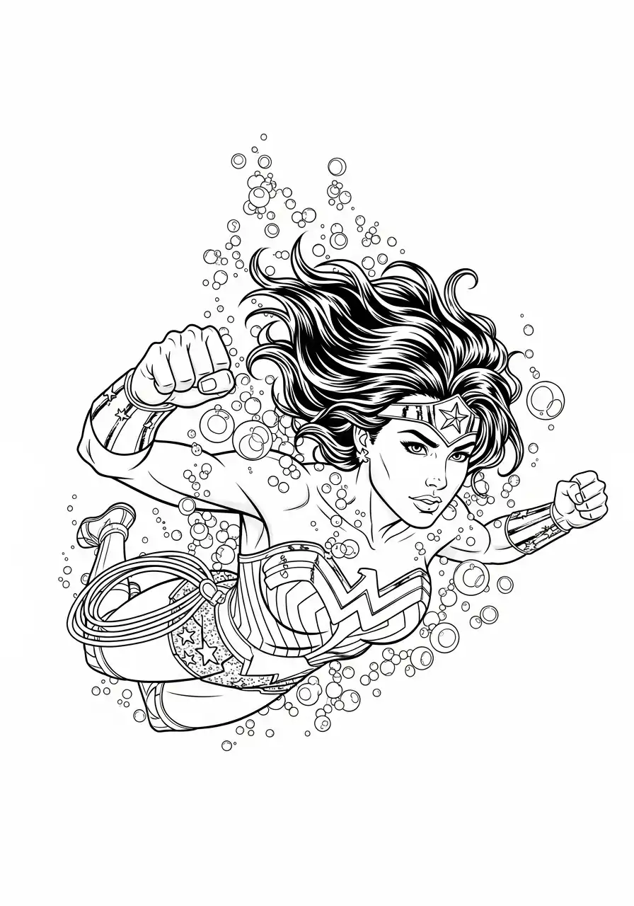 wonder woman duikt onder water kleurplaat