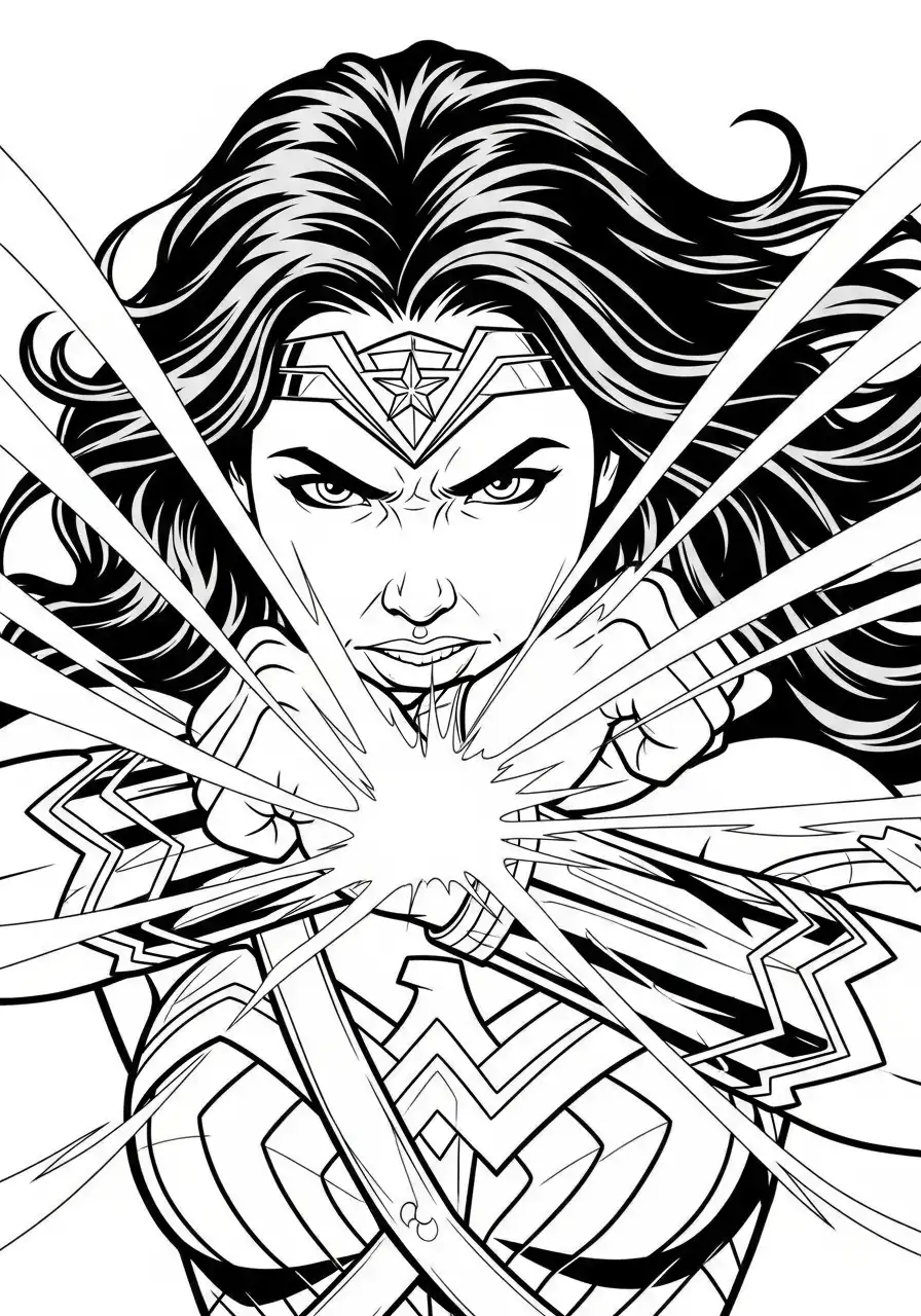wonder woman explosieve kracht close up kleurplaat