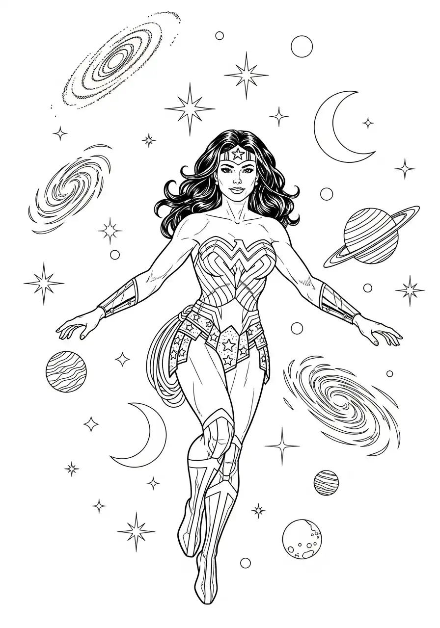 wonder woman in de kosmos kleurplaat
