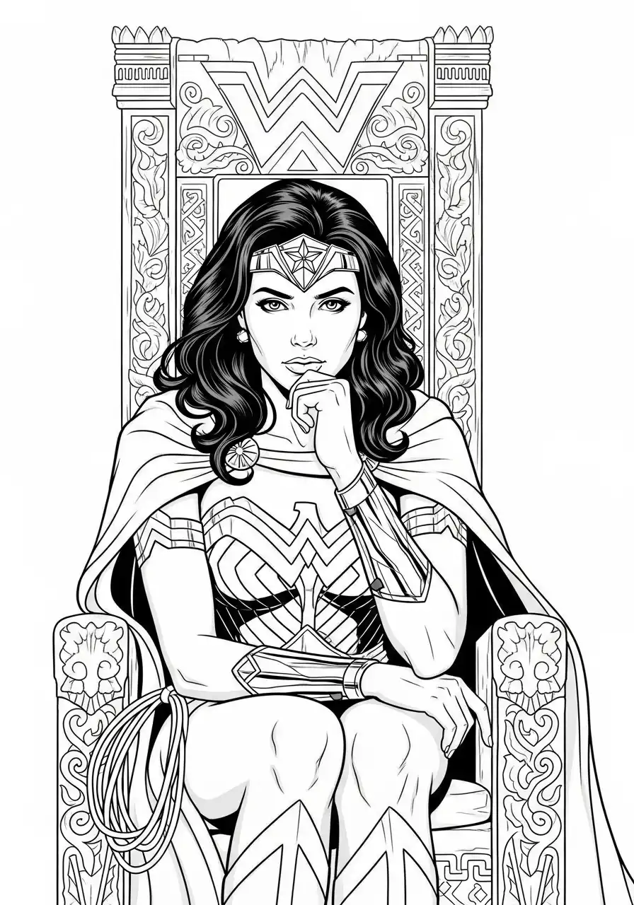wonder woman koningin op de troon kleurplaat