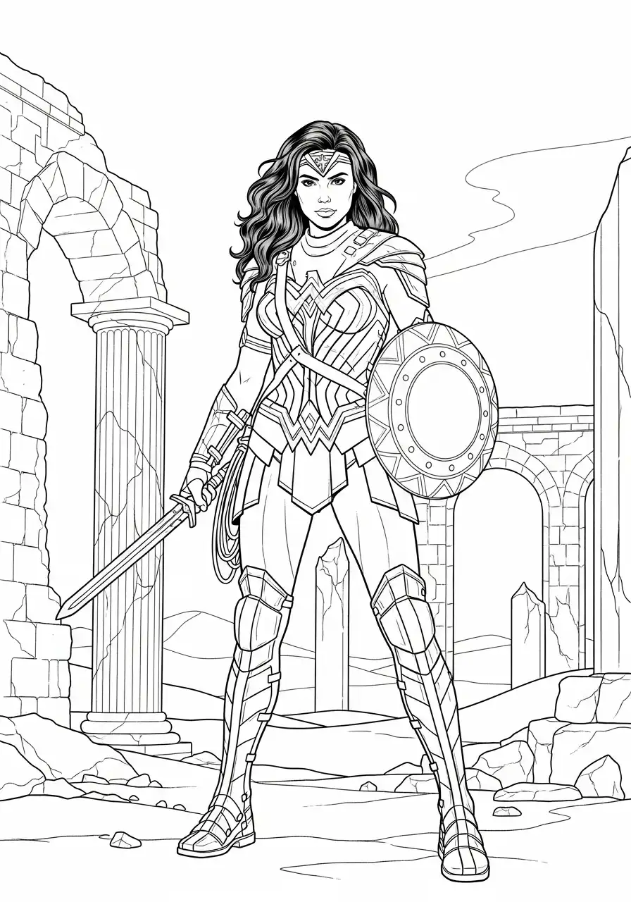 wonder woman met wapens bij ruines kleurplaat