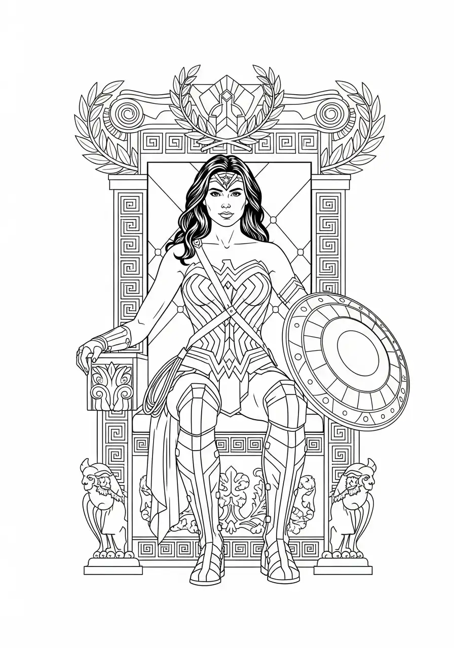 wonder woman op de amazone troon kleurplaat