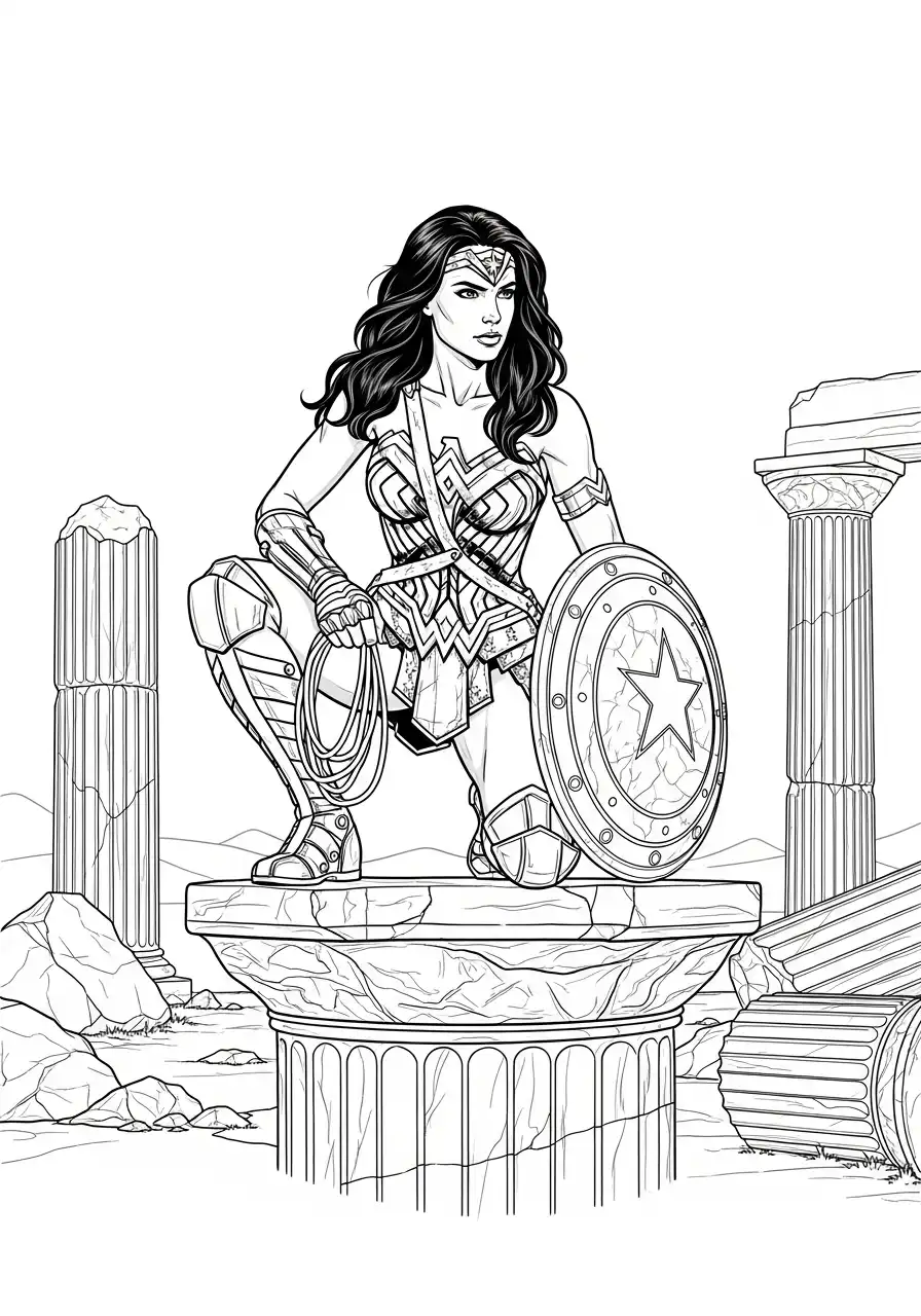 wonder woman op een zuil met schild kleurplaat