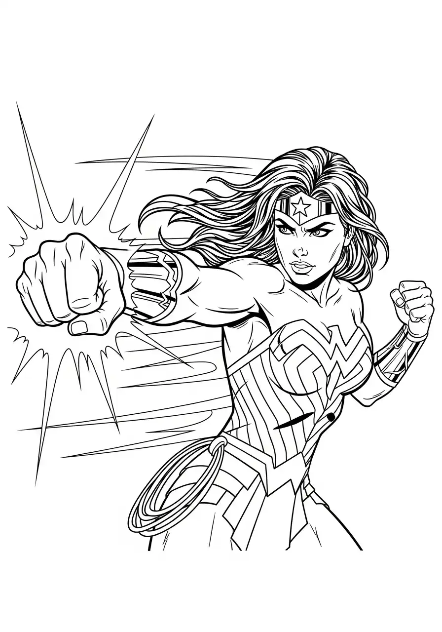 wonder woman slaat met kracht kleurplaat