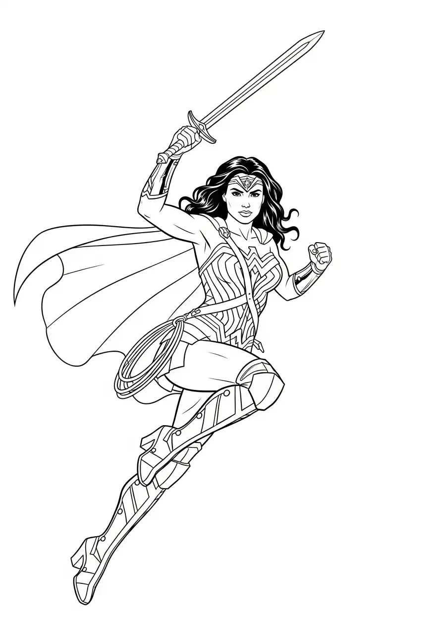 wonder woman springt met zwaard kleurplaat
