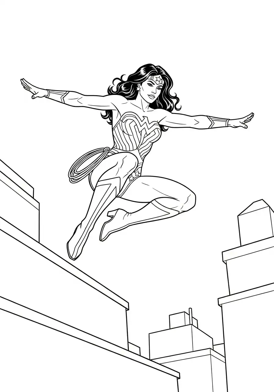 wonder woman springt over stad kleurplaat