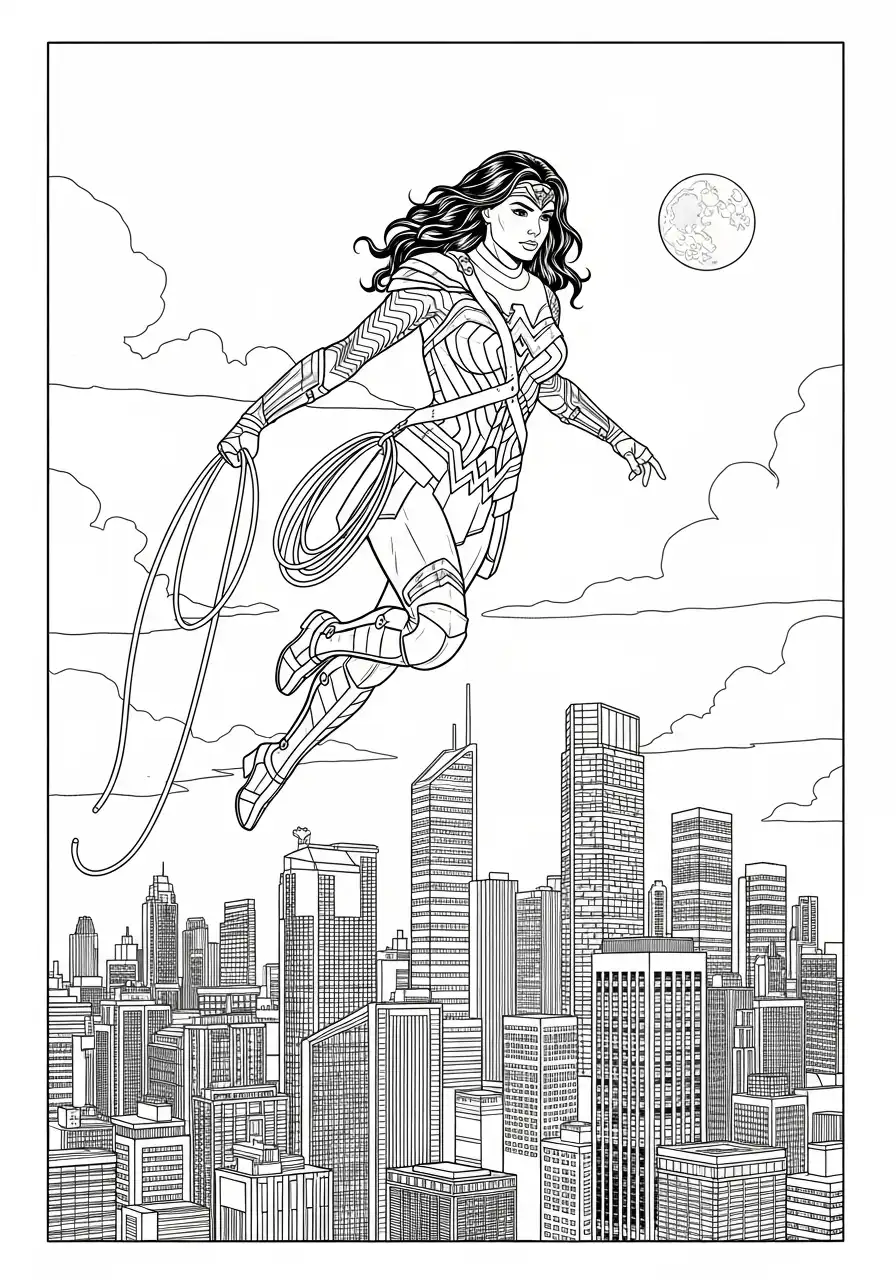 wonder woman vliegt boven stad kleurplaat