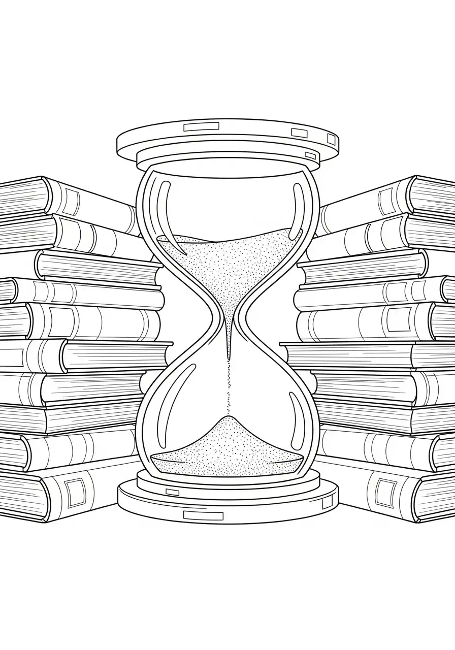 zandloper en boekenstapels kleurplaat