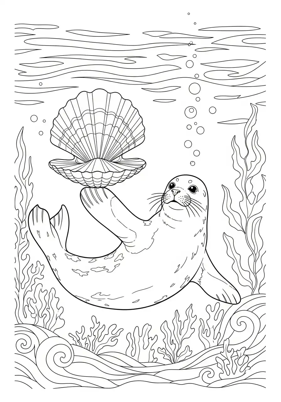 zeehond balanceert schelp onderwater kleurplaat