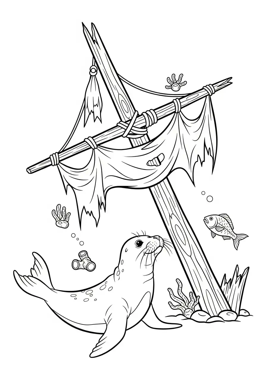 zeehond bij scheepswrak kleurplaat