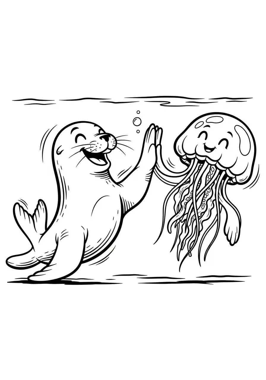 zeehond en kwal high five kleurplaat