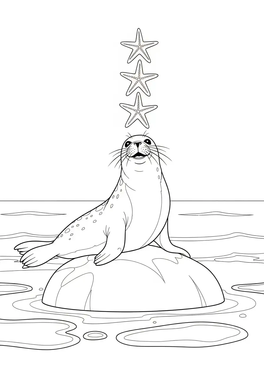 zeehond met drie zeesterren kleurplaat