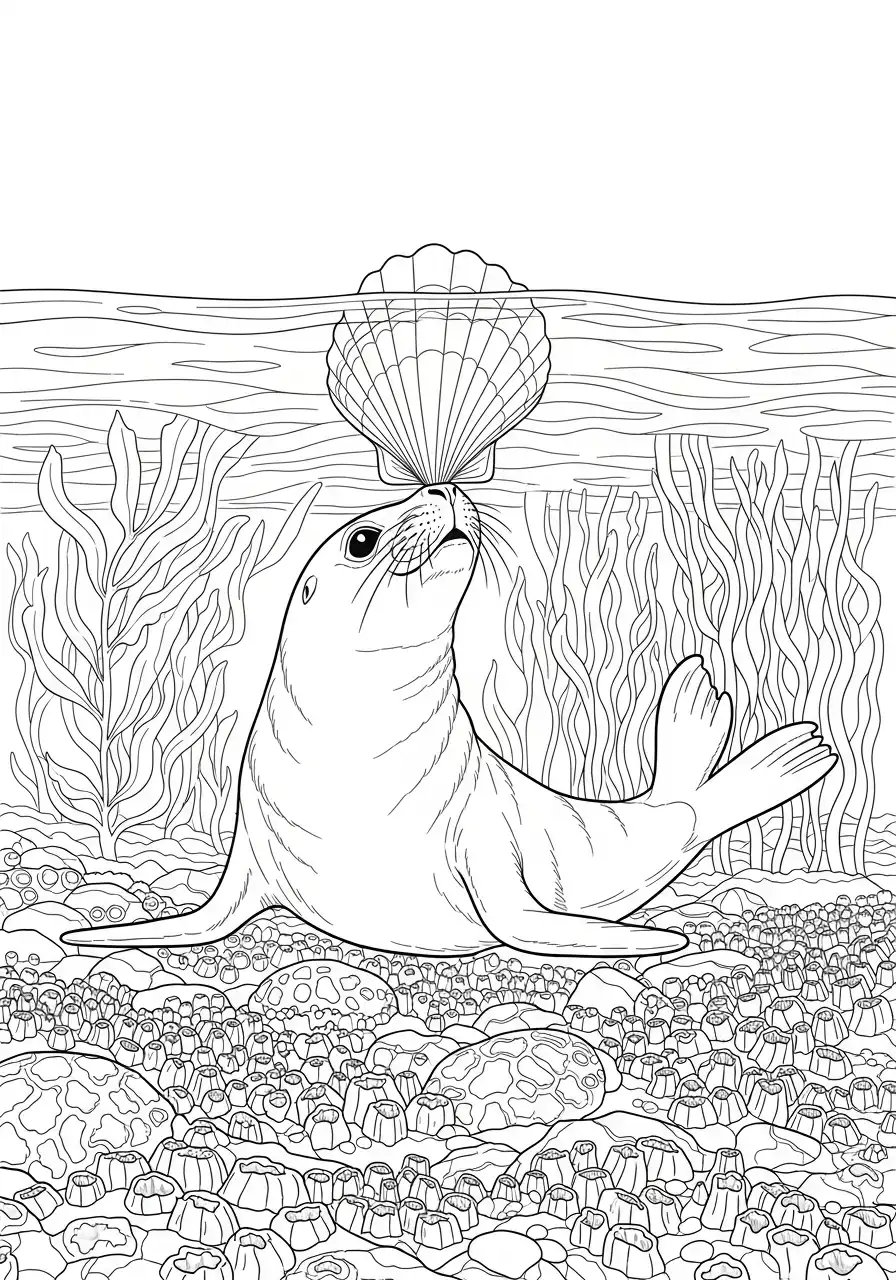 zeehond met schelp op de bodem kleurplaat