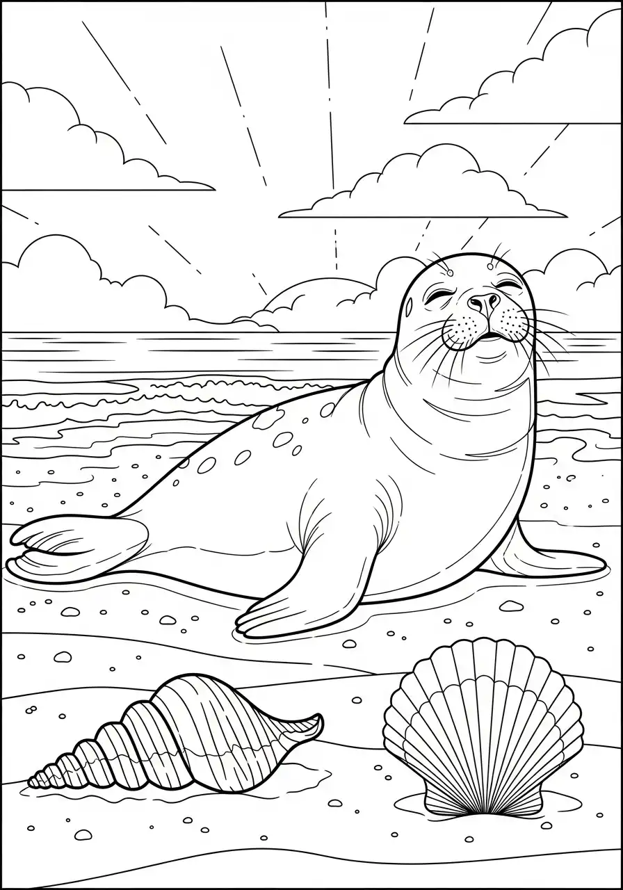 zeehond op het strand zon kleurplaat
