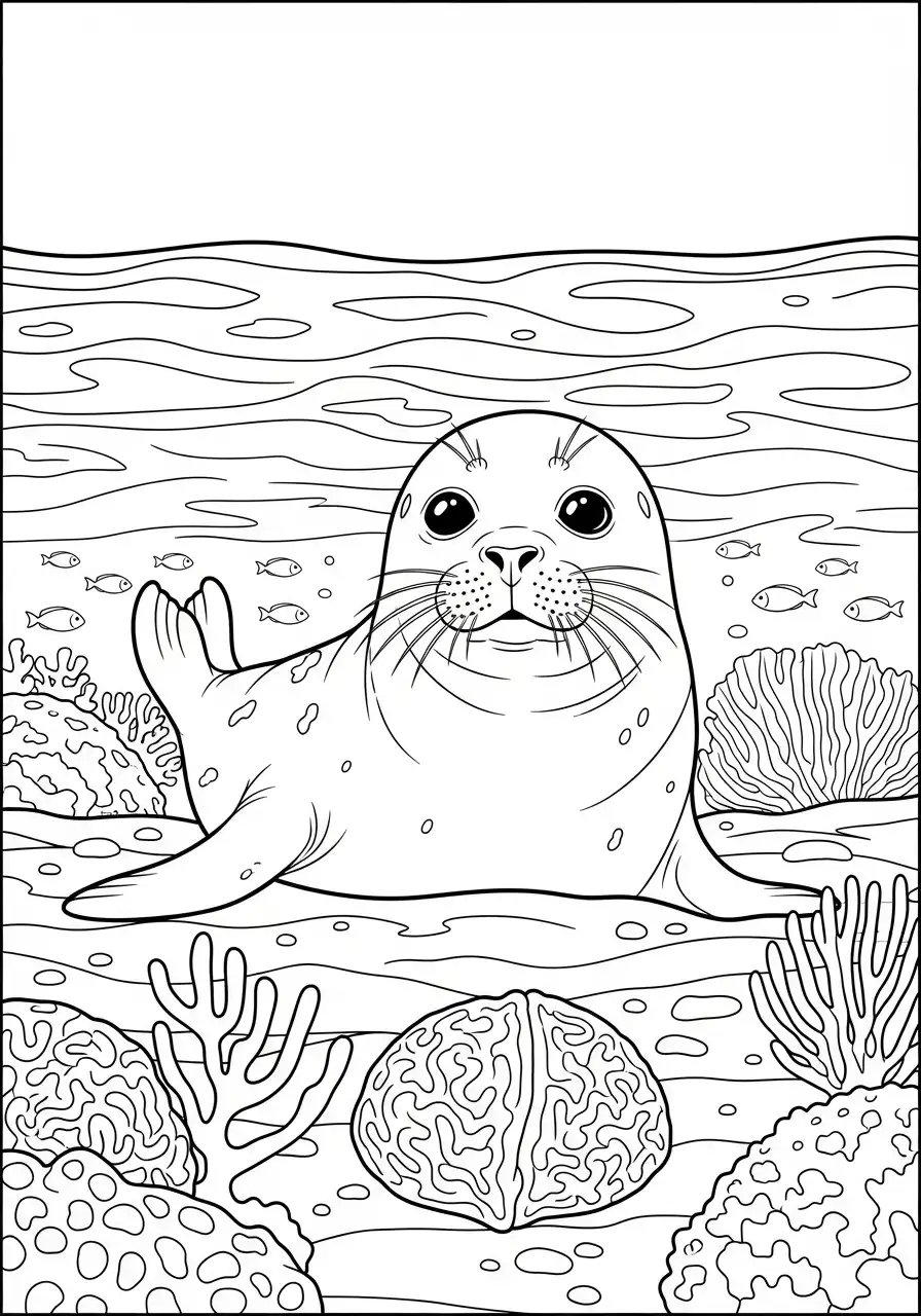 zeehond op zeebodem tussen koraal kleurplaat