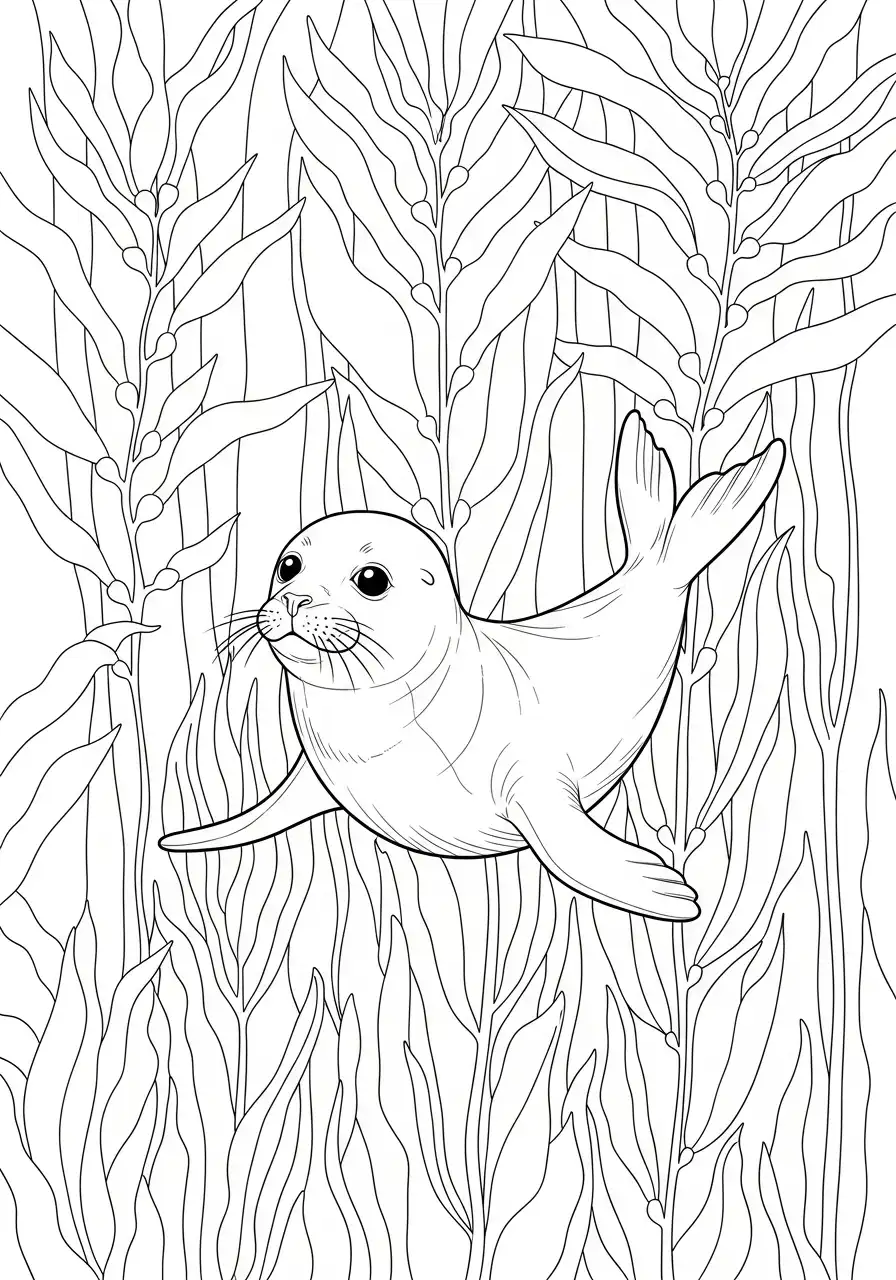 zeehond tussen lang zeegras kleurplaat