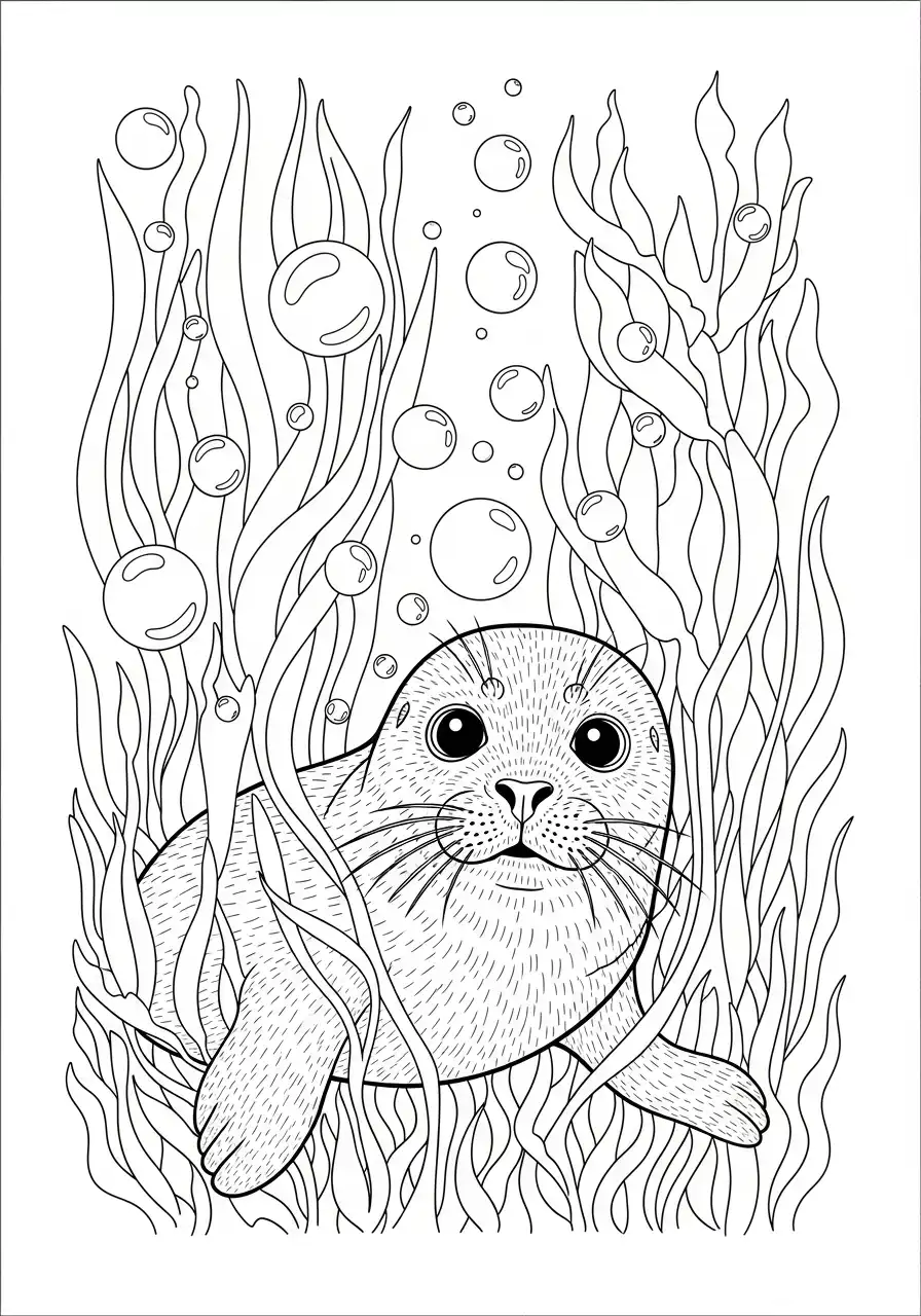 zeehond tussen zeewier kleurplaat