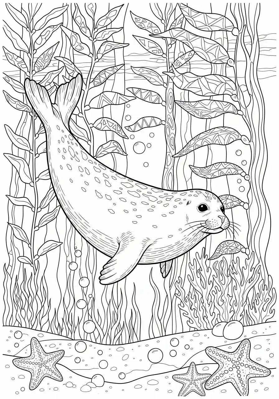 zeehond zwemt door zeewoud kleurplaat