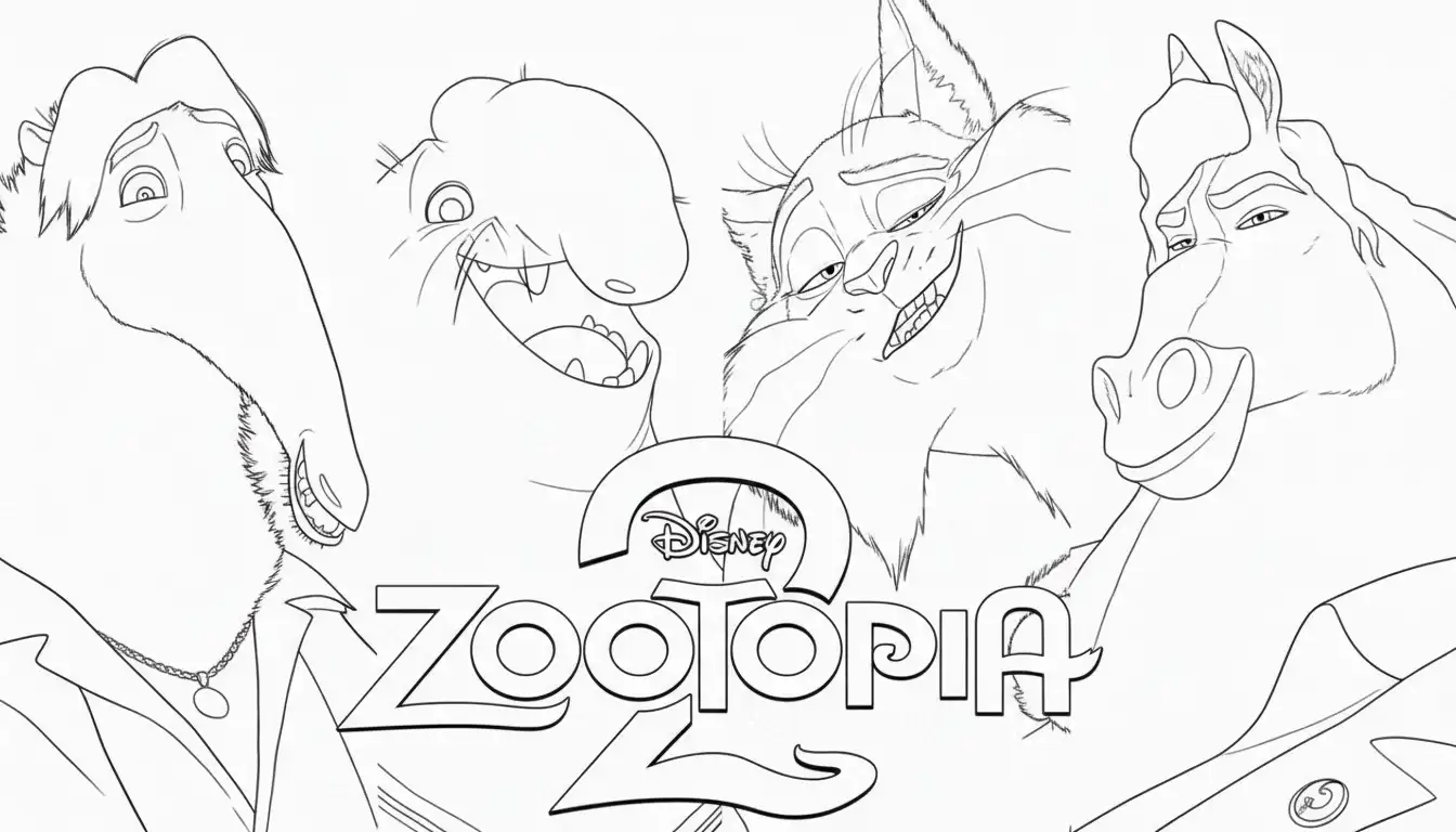 zootopia 2 logo met vier nieuwe karakters kleurplaat