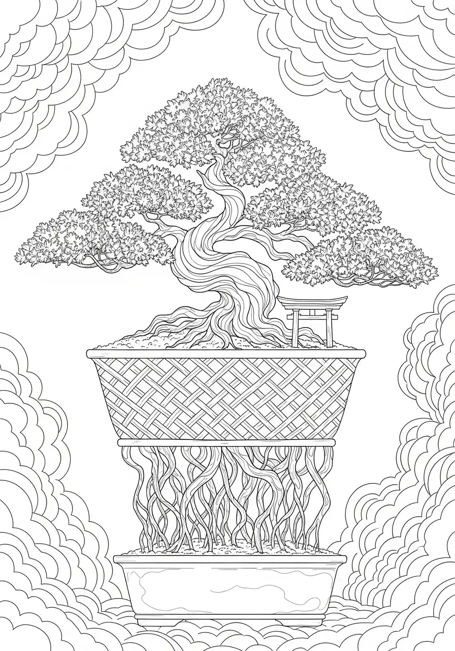 zwevende torii poort bonsai kleurplaat