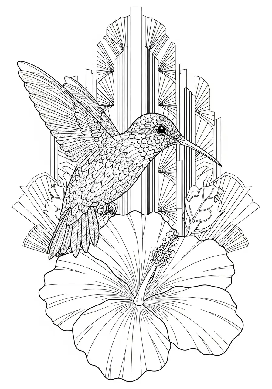 art deco kolibrie met hibiscus kleurplaat
