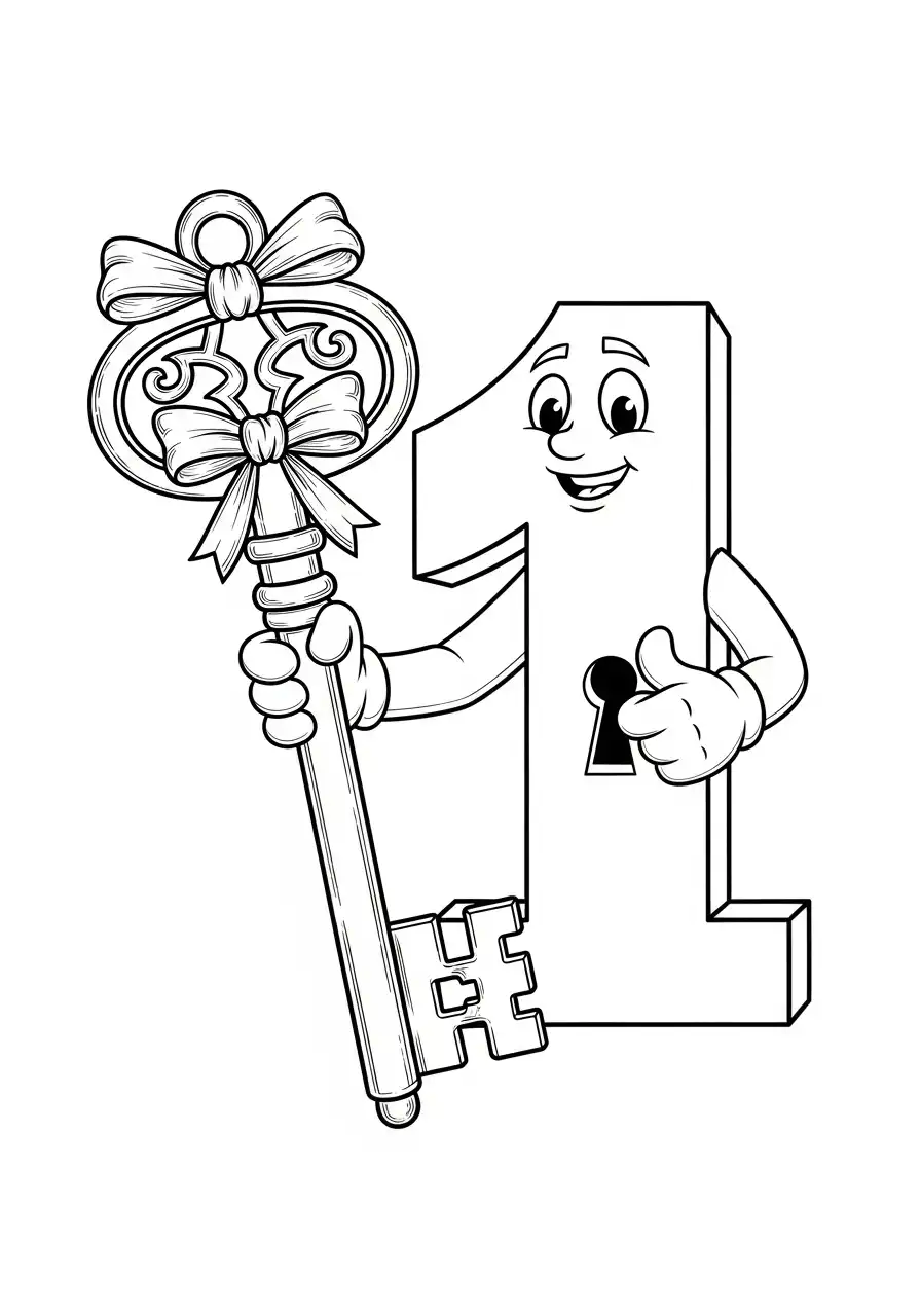 cartoon cijfer een met sleutel kleurplaat