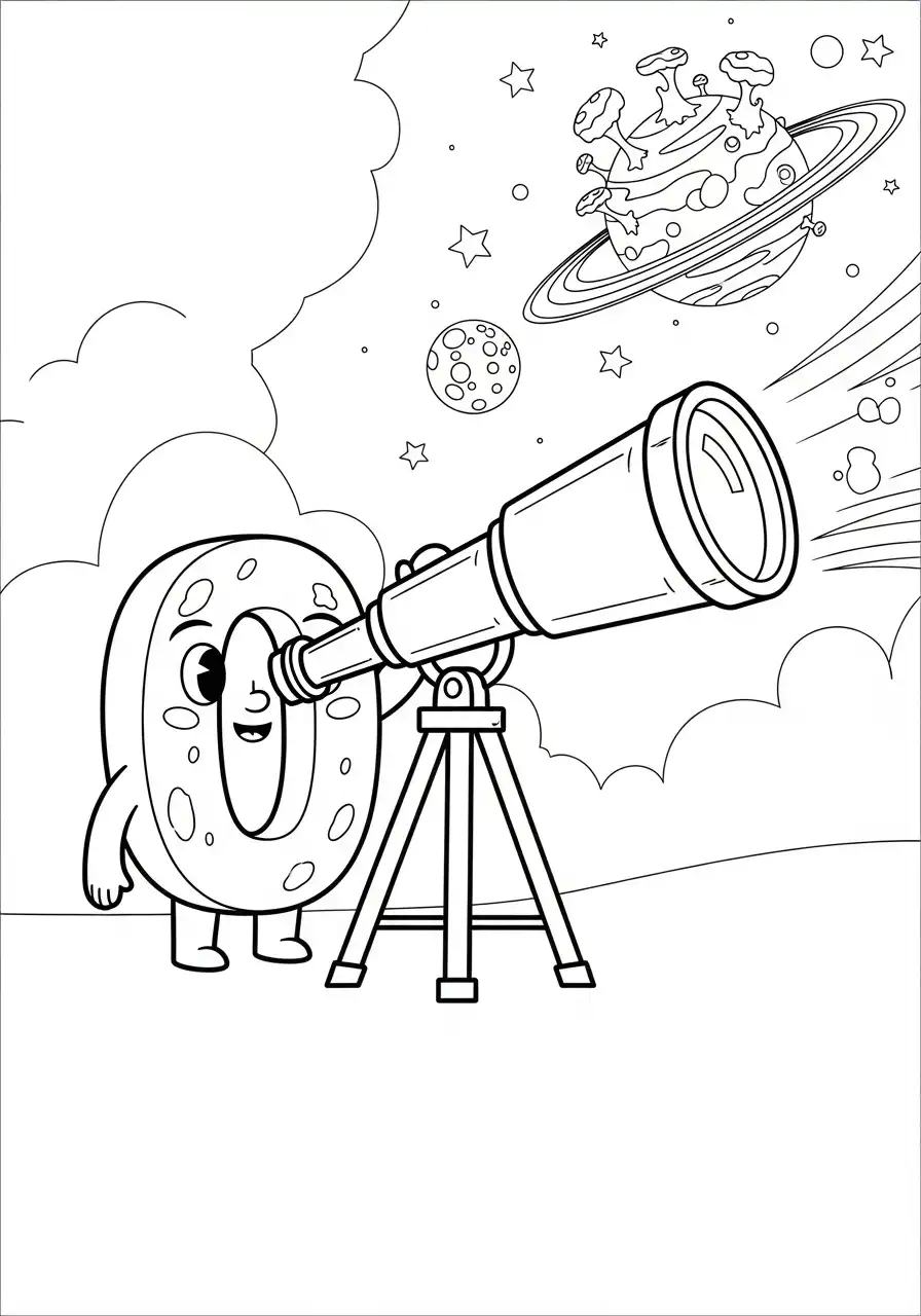 cijfer 0 kijkt door telescoop kleurplaat