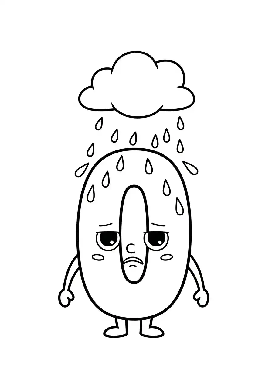 cijfer 0 verdrietig in de regen kleurplaat