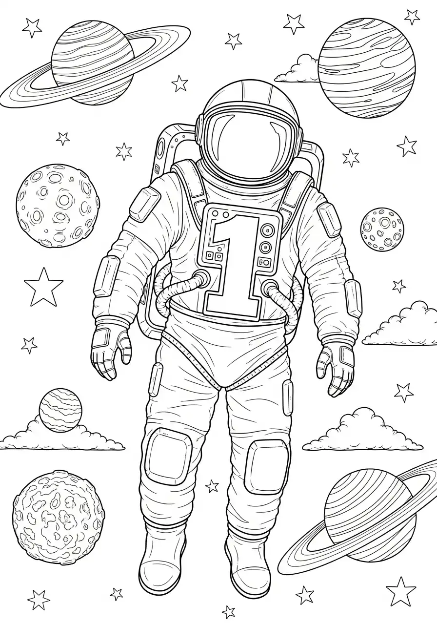 cijfer 1 astronaut in de ruimte kleurplaat