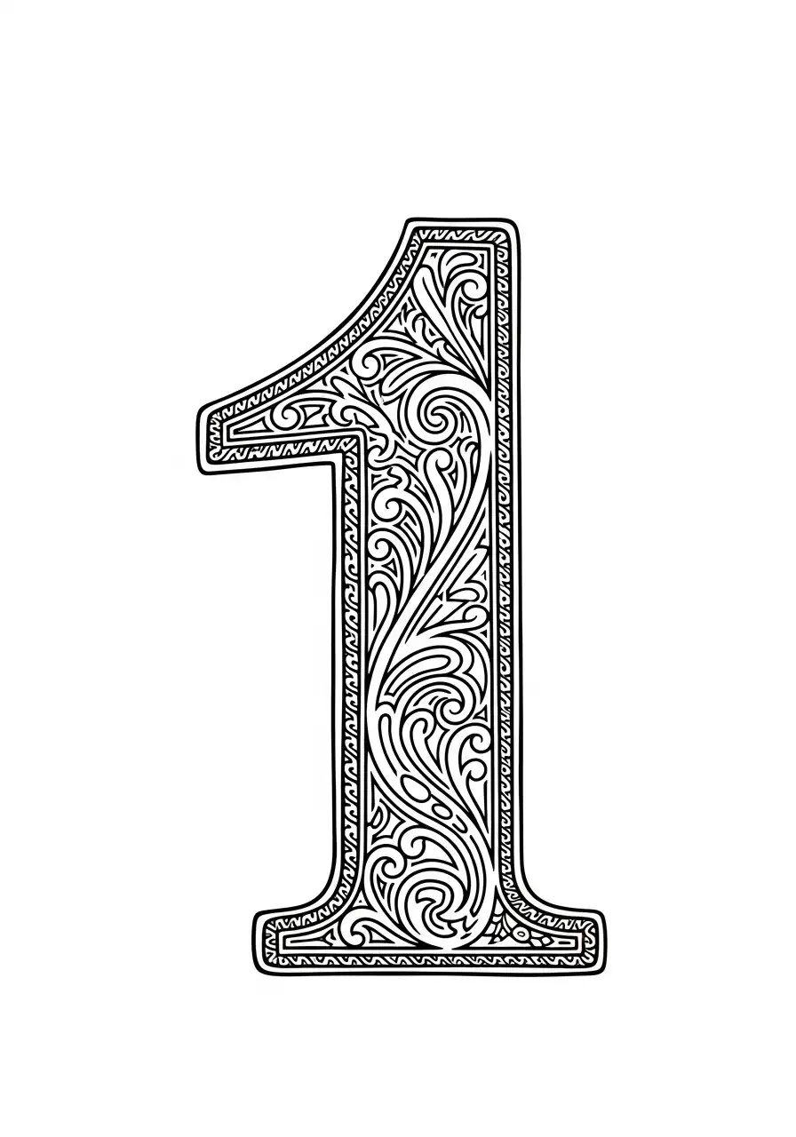 cijfer 1 decoratief filigraan kleurplaat