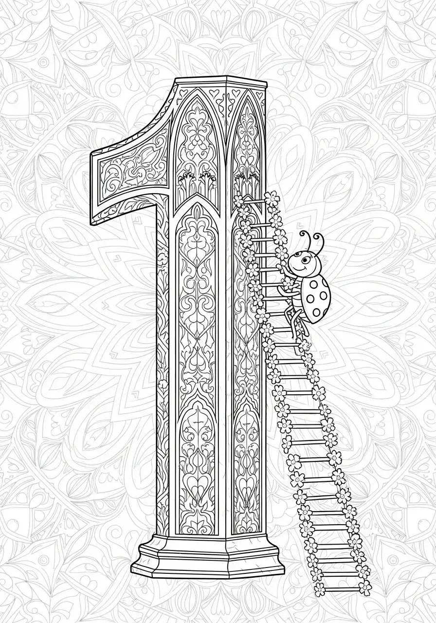 cijfer 1 gotische stijl lieveheersbeestje kleurplaat