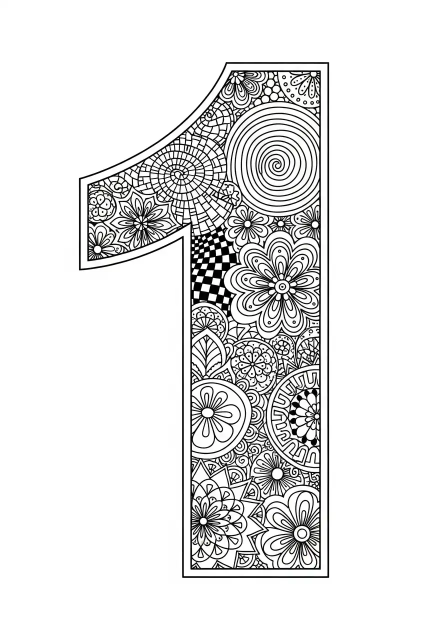 cijfer 1 mandala bloemenpatroon kleurplaat