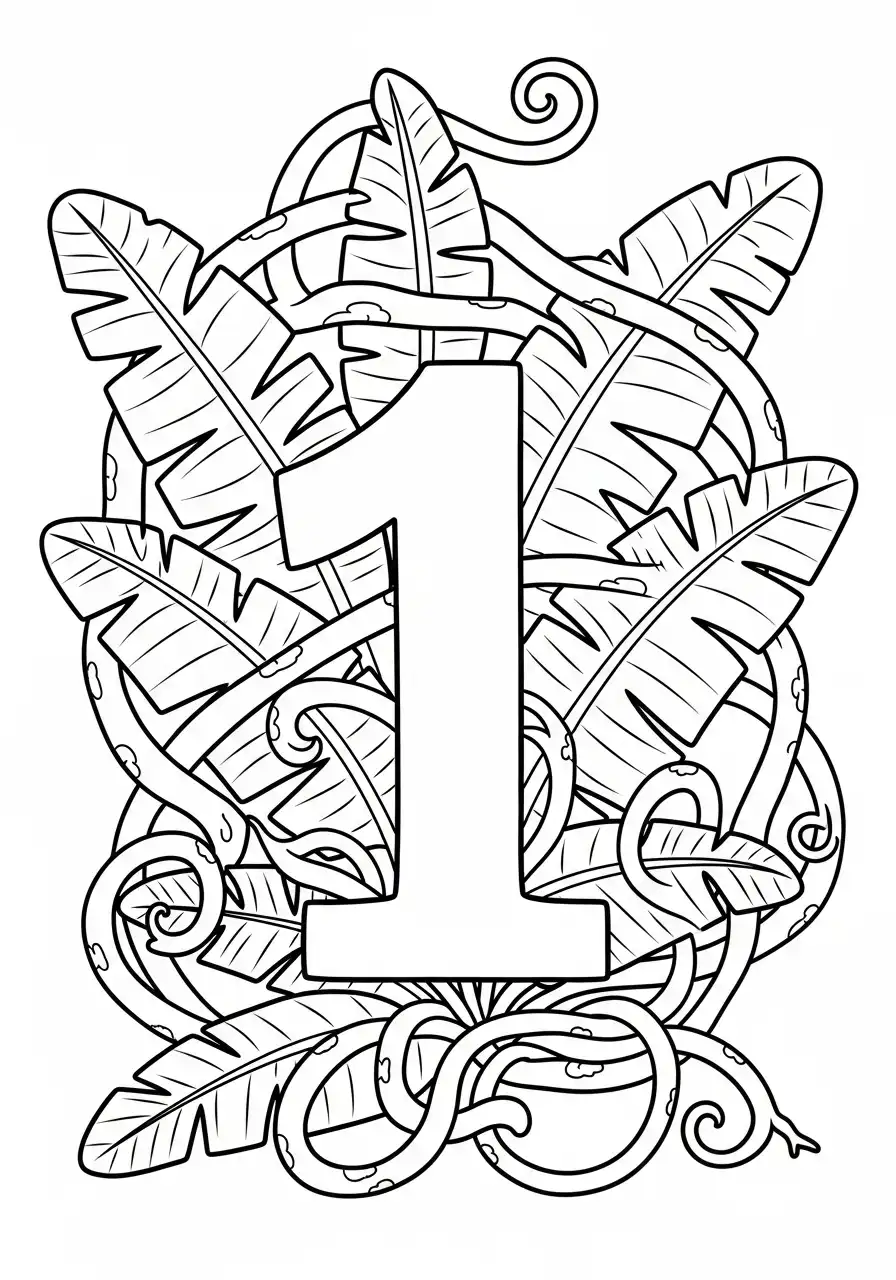 cijfer 1 omringd door jungle bladeren kleurplaat