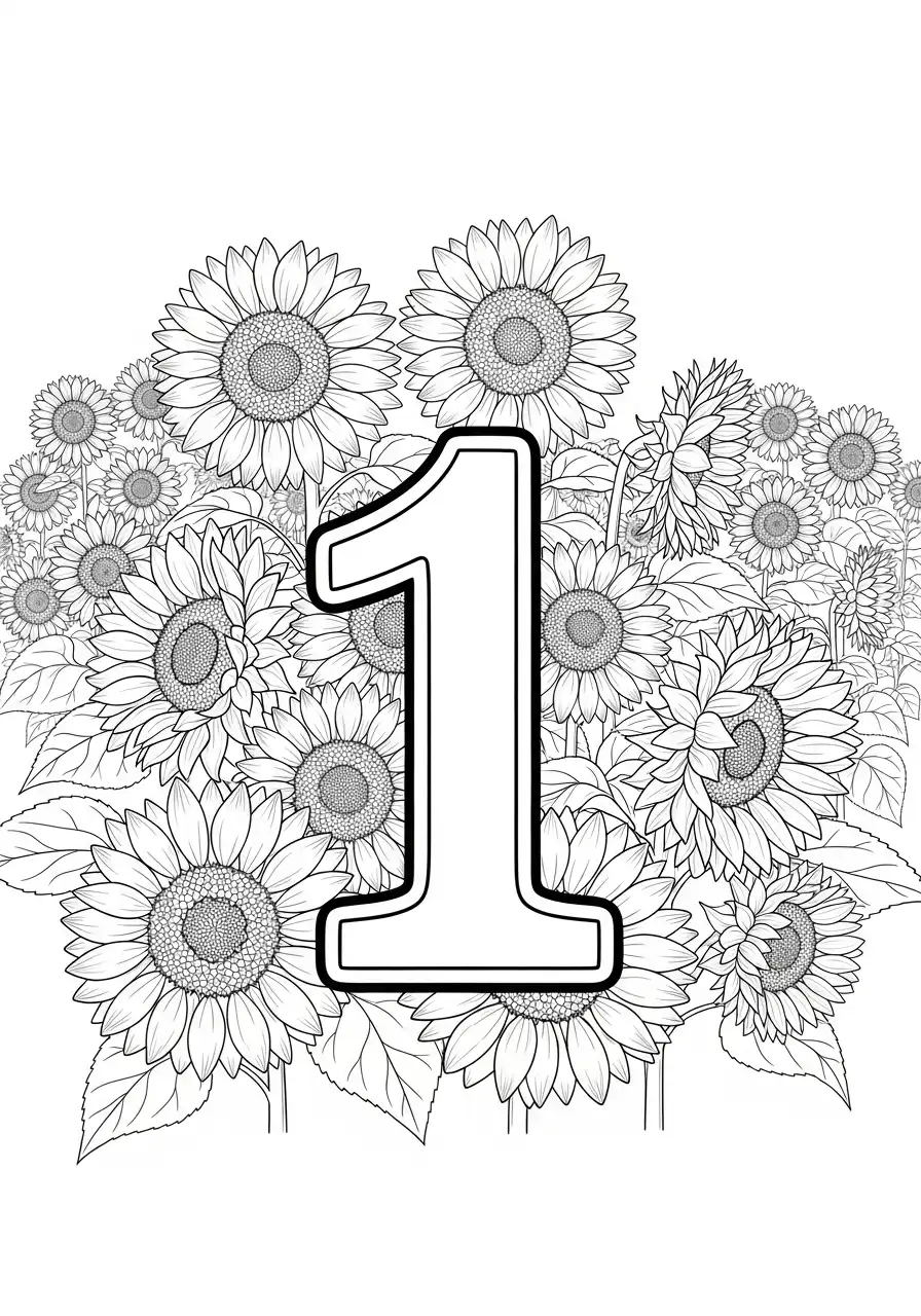 cijfer 1 omringd door zonnebloemen kleurplaat