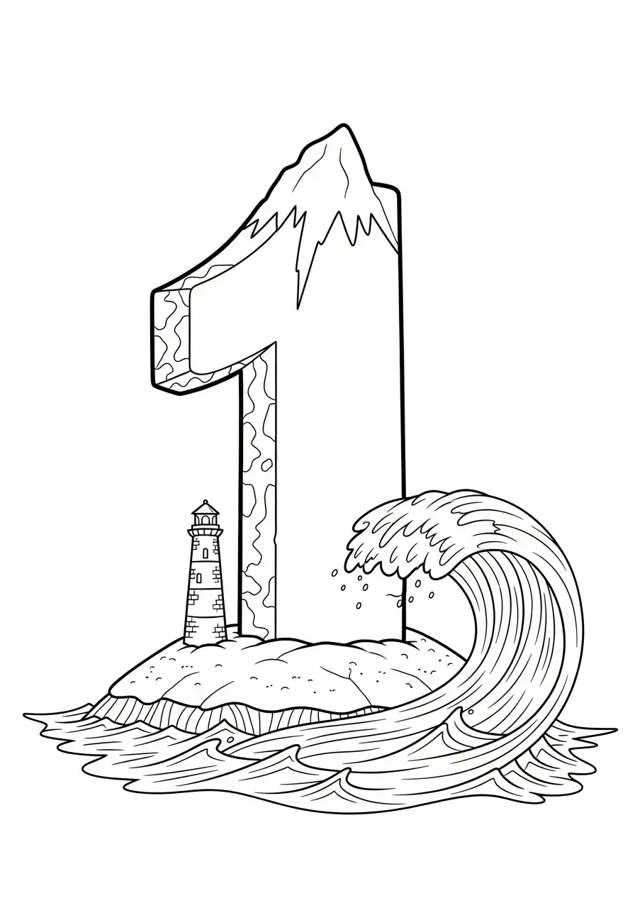 cijfer 1 op eiland met vuurtoren kleurplaat