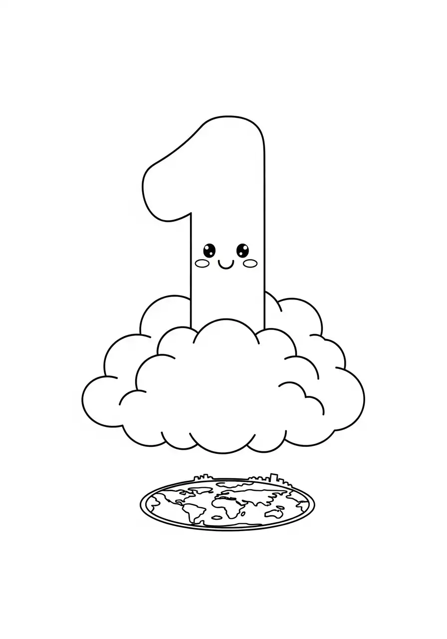 cijfer 1 op wolk boven de aarde kleurplaat