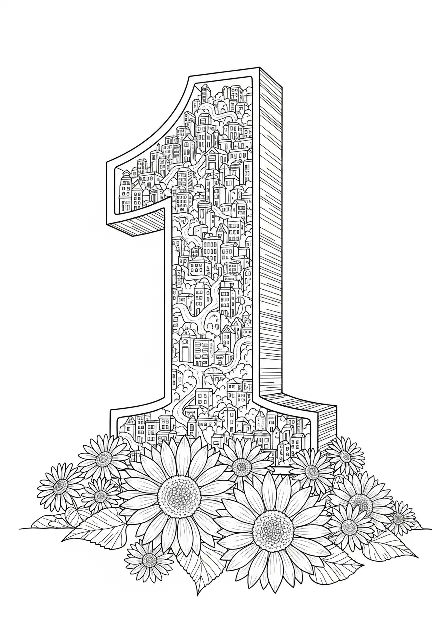 cijfer 1 stadsgezicht op zonnebloemen kleurplaat