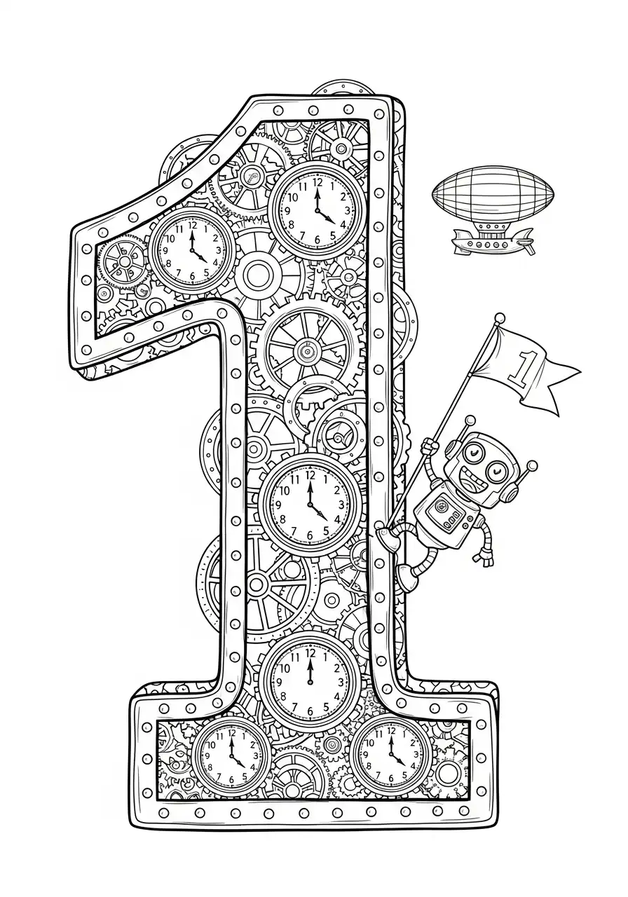 cijfer 1 steampunk robot tandwielen kleurplaat