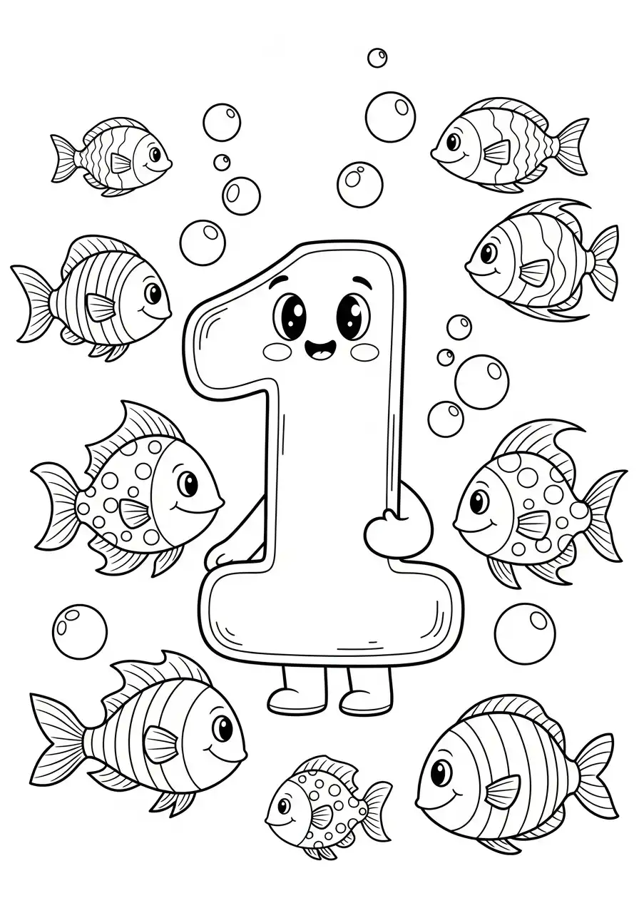 cijfer 1 tussen vissen onderwater kleurplaat