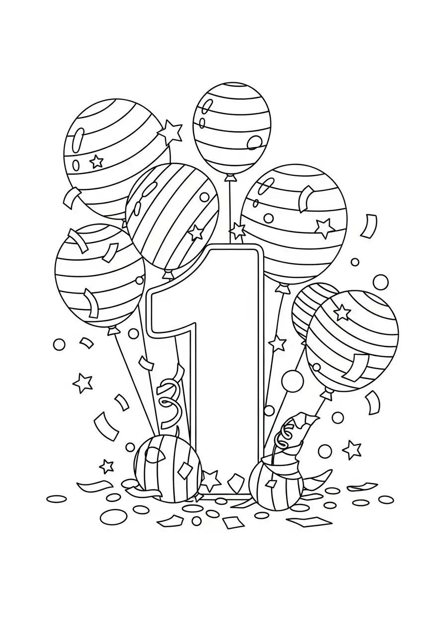cijfer 1 verjaardag met ballonnen kleurplaat