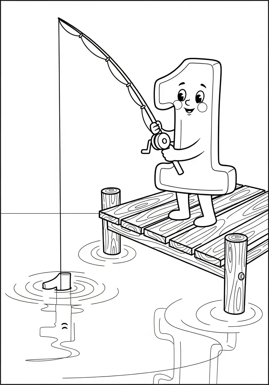 cijfer 1 vissend op de steiger kleurplaat