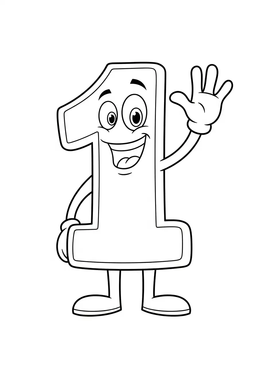 cijfer 1 vrolijk zwaaiend kleurplaat
