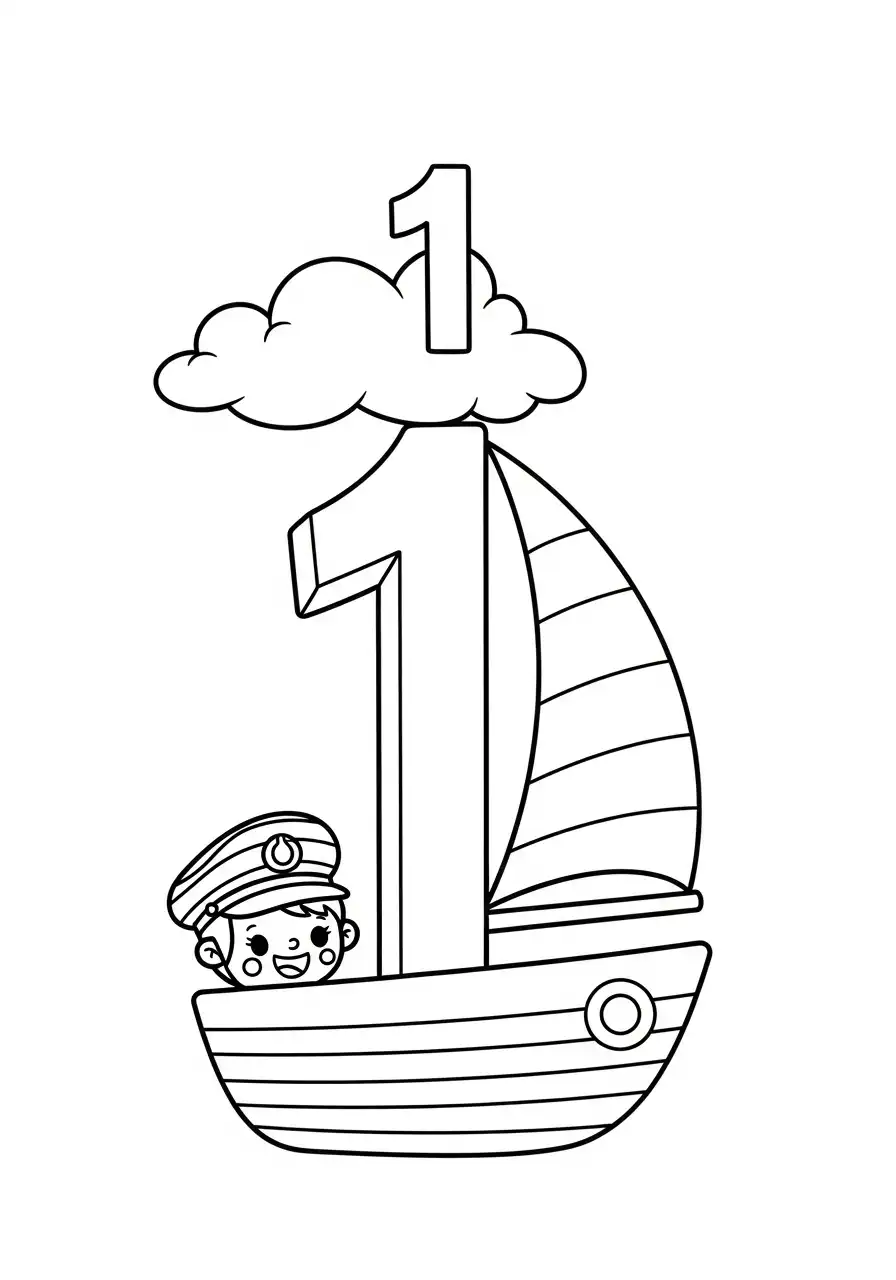 cijfer 1 zeevaart zeilboot kapitein kleurplaat