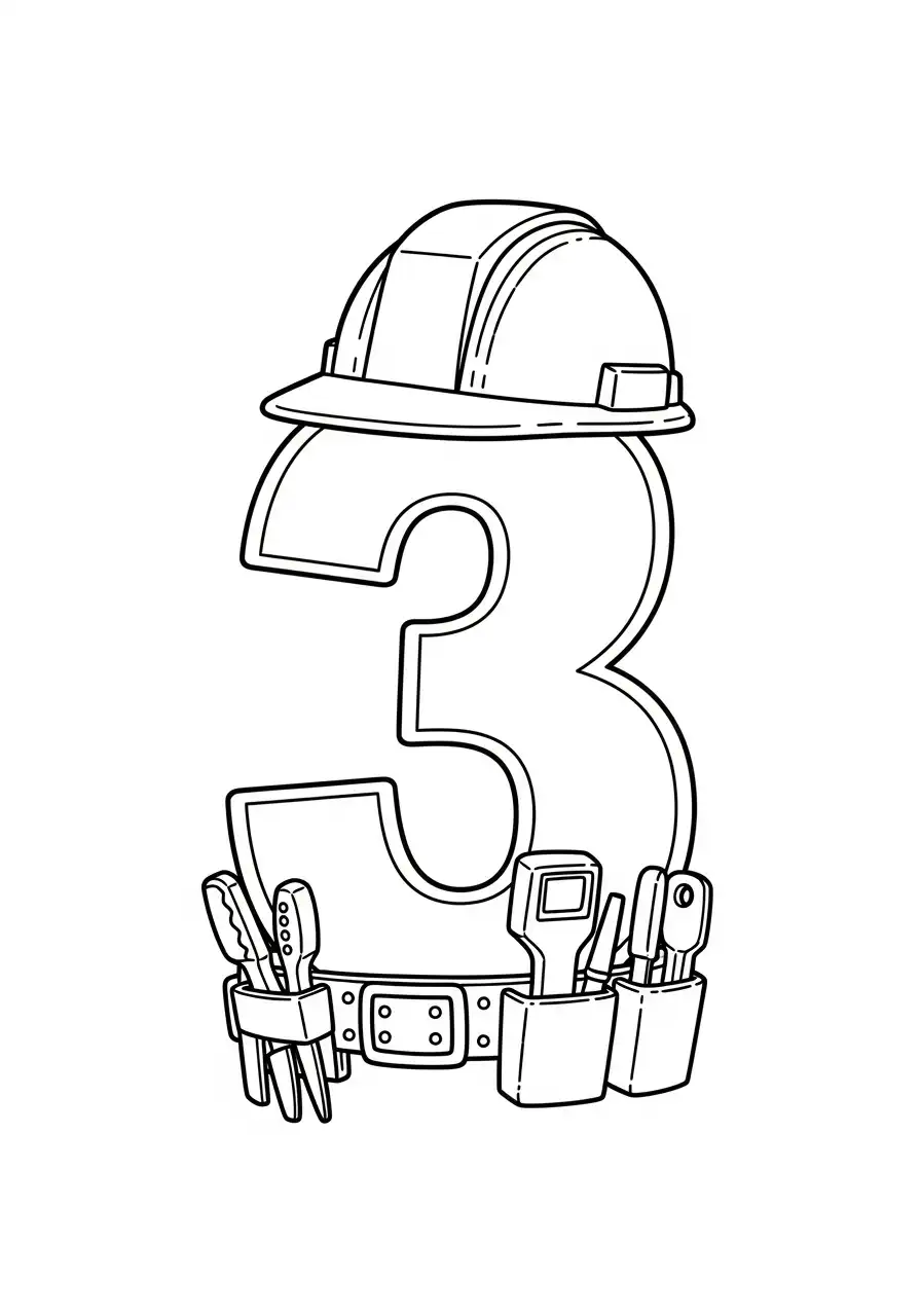cijfer 3 bouwvakker helm gereedschap kleurplaat
